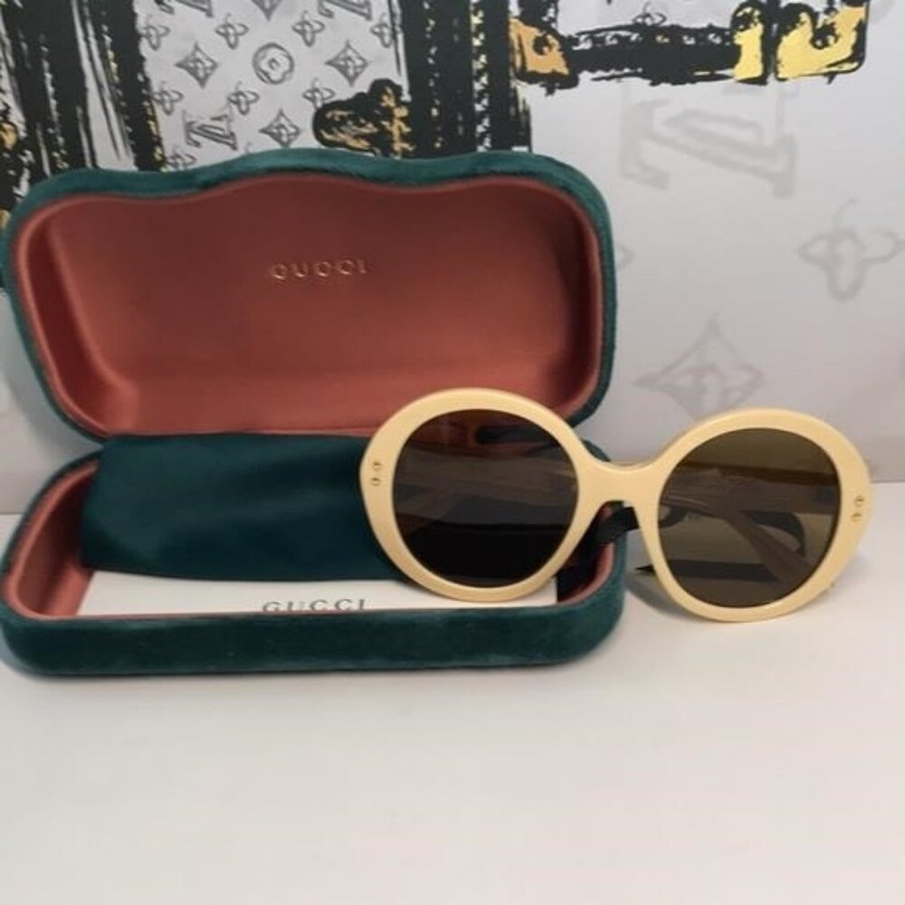 New ✨ Authentic Gucci GG1081S 004 Round Sunglasses – Yellow Frame with Brown Len - Picture 5 of 14
